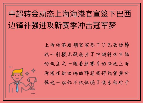 中超转会动态上海海港官宣签下巴西边锋补强进攻新赛季冲击冠军梦